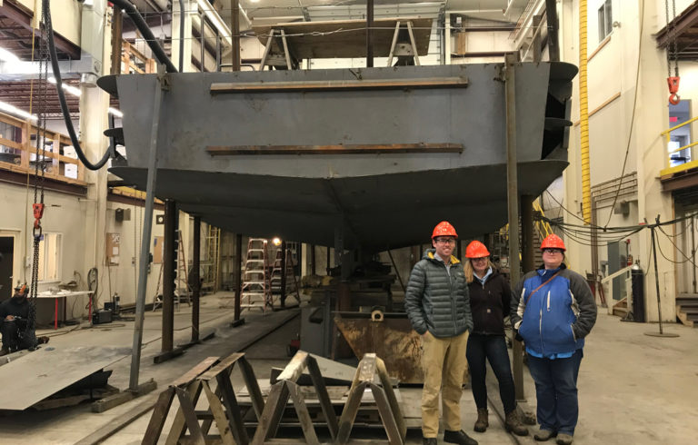 The Independence under construction at Washburn & Doughty Associates in East Boothbay. From left are the CTC's Matt Ridgway