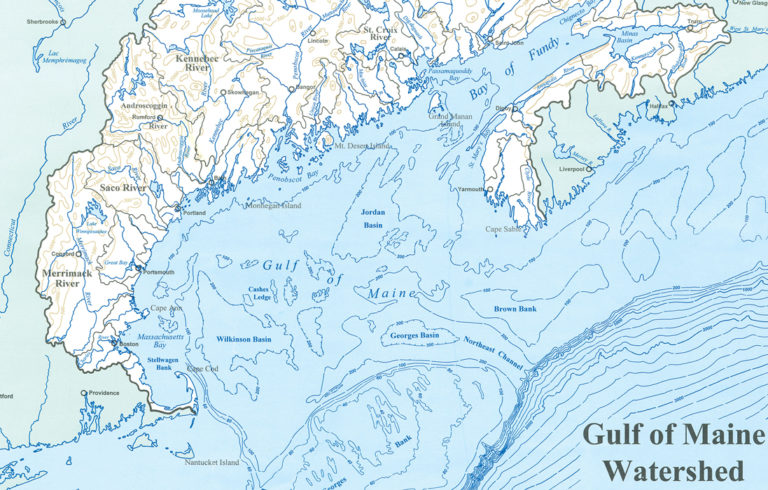 A map showing part of the Gulf of Maine's watershed.