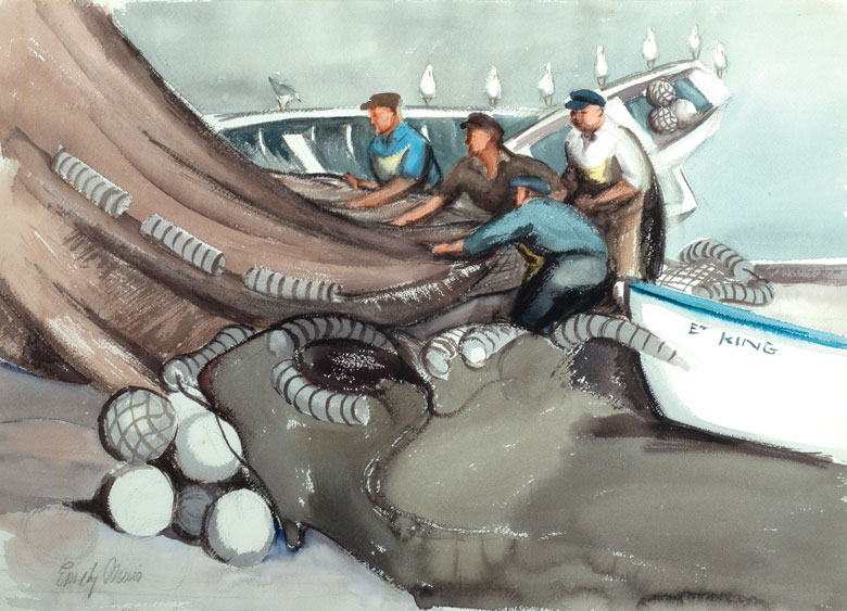 “Flaking the Purse Seine,” circa 1940, by Emily Muir (1904-2003), watercolor on paper, 16 1/2 x 23 inches. PHOTO: COURTESY OF BARRIDOFF AUCTIONS