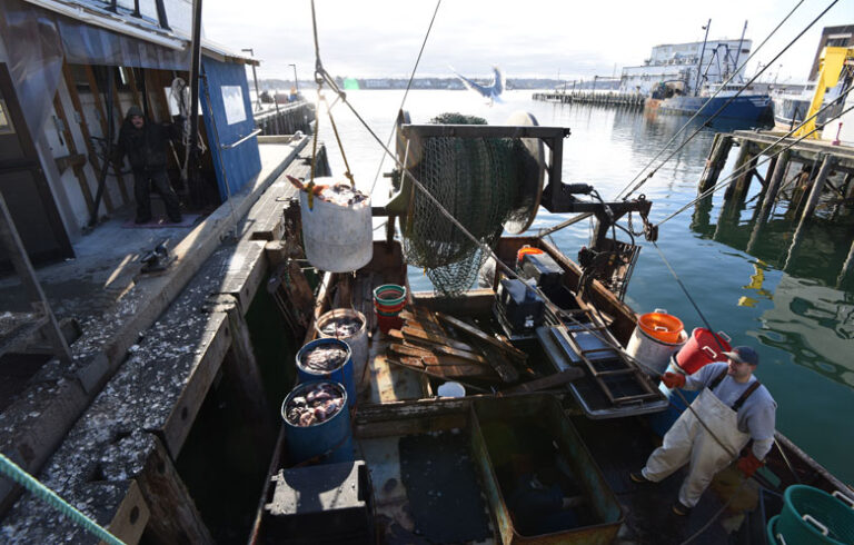 The crew of the FV Nicole Leigh unloads its catch in Portland.