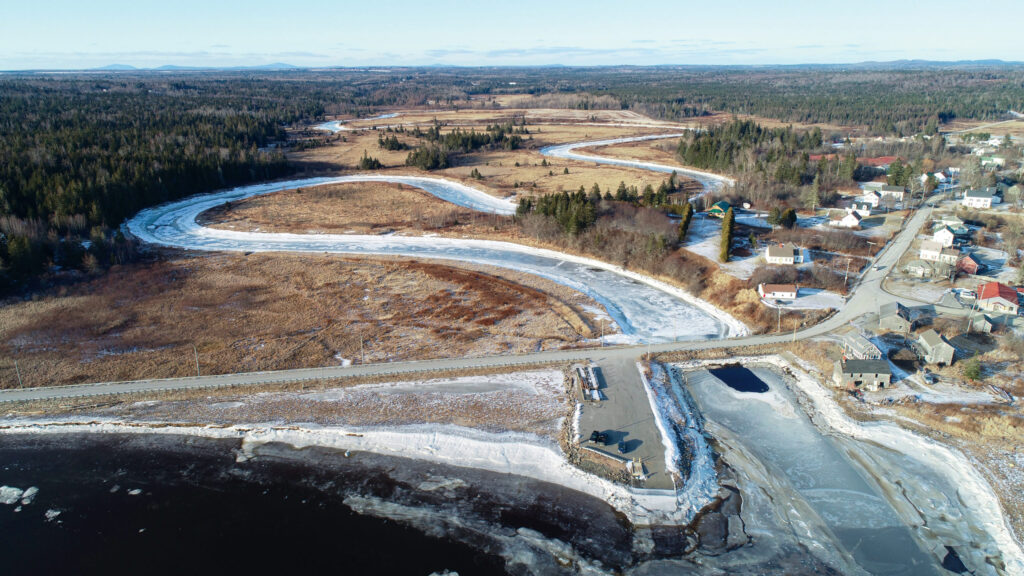 aerial view of frozen river