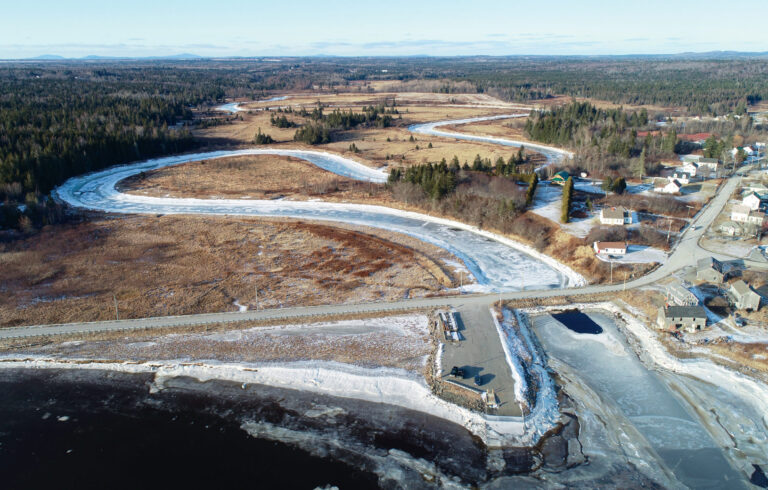 aerial view of frozen river