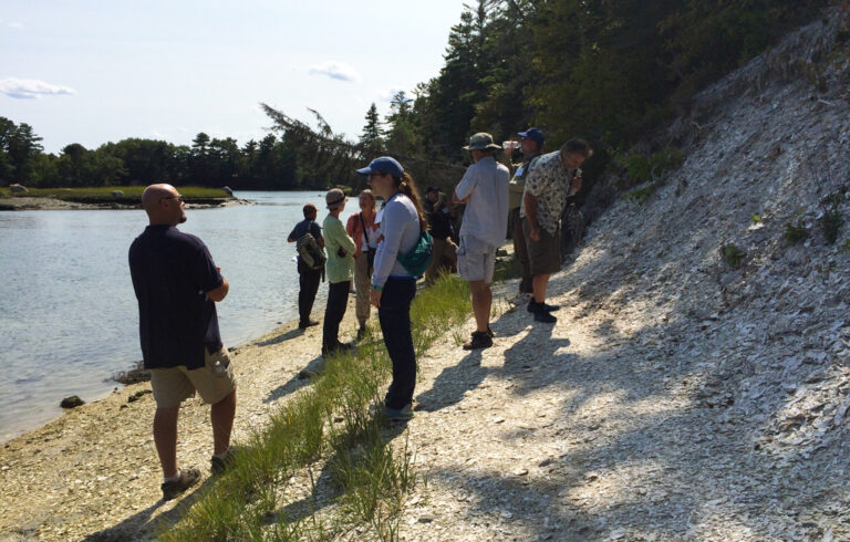 Workshop participants inspect a shell midden in the Damariscotta area