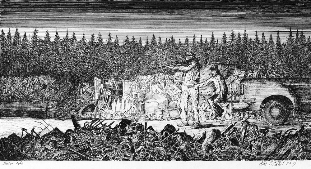 illustration of men shooting rats at a dump