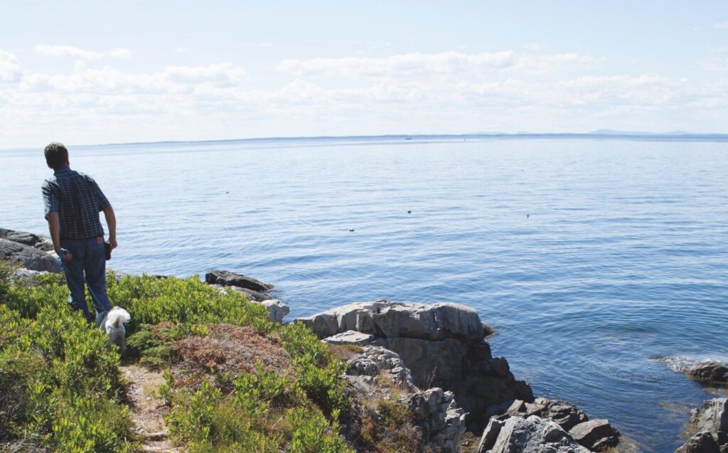 person walking trail along rocky coastline