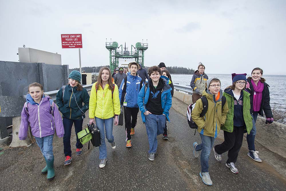 Students walking from the ferry onto Islesboro.