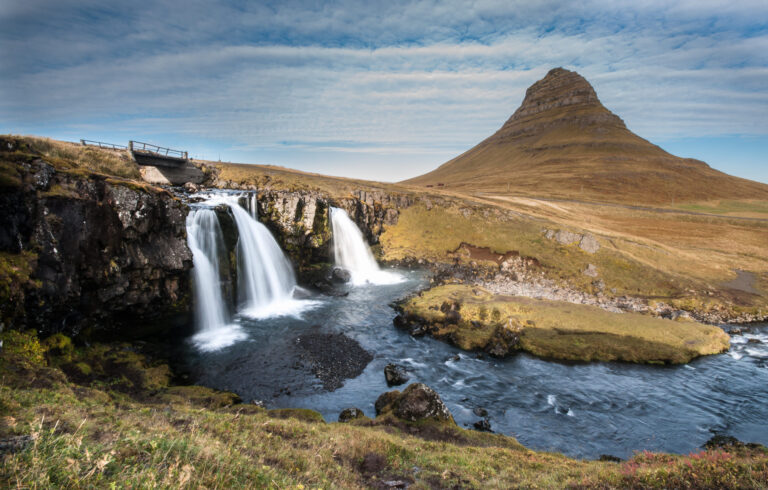 waterfalls and pointy mountain in Iceland