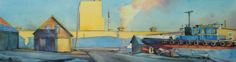 David Dewey’s “Sea Street Place” (2024), watercolor, 10-inches by 38¼ inches. PHOTO: COURTESY CALDBECK GALLERY, ROCKLAND