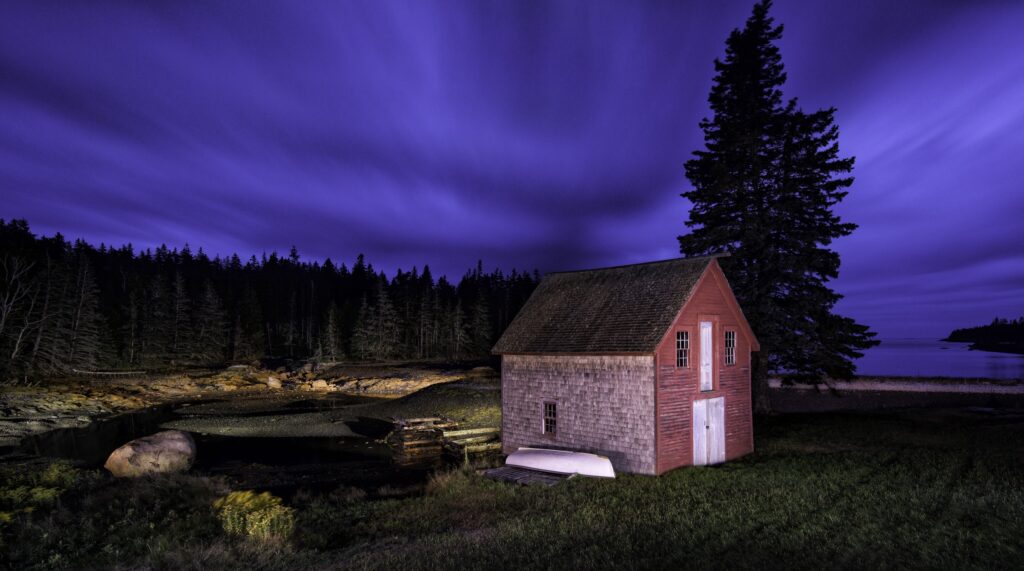 red building photographed at night