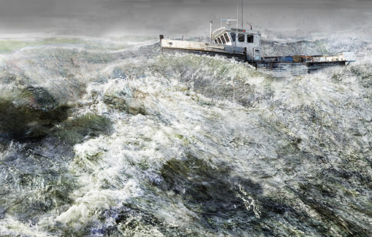 mixed media image of fishing boat in rough ocean