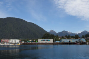 mountains behind small Alaska town