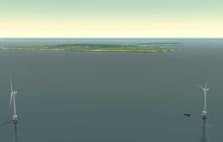 An artist's rendering of the three proposed wind turbines off Block Island