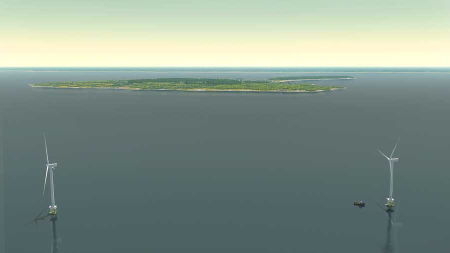 An artist's rendering of the three proposed wind turbines off Block Island