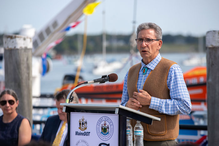 Tim Shay, nephew of Charles Norman Shay, for whom the new Matinicus ferry is named, speaks at the commissioning ceremony. PHOTO: COURTESY MAINE DOT