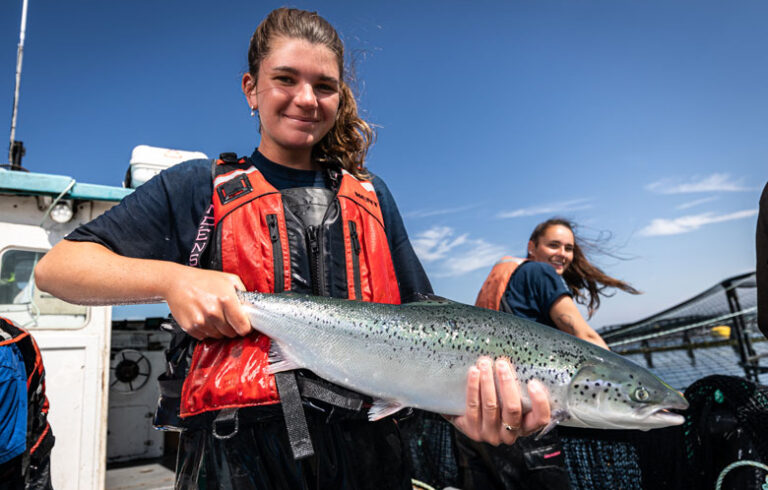 Megan Robinson, front, and Jessica Lindsay weigh fish at a Machias Bay salmon farm owned and operated by Cooke Inc. The New Brunswick-based company has been operating in Maine for 20 years. PHOTO: COURTESY COOKE INC.