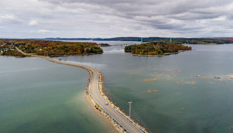 An aerial view of the Deer Isle Causeway looking northerly. The causeway is the only roadway linking Deer Isle and Stonington to the mainland. PHOTO: JACK SULLIVAN