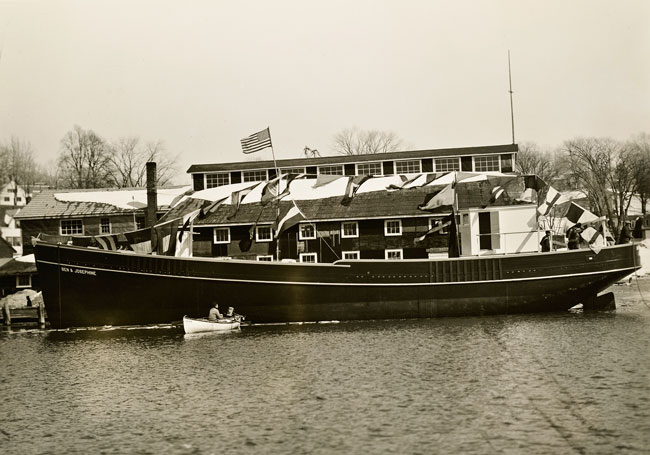 The Ben & Josephine, shortly after she was launched, tied to the dock at Morse Boatbuilding in 1941 in Thomaston. The boat was shelled and sunk by a German U-boat.