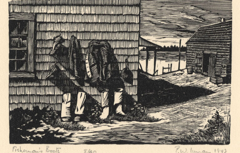 Pauline Inman's “Fisherman’s Boots,” 1943, wood engraving, edition eight of 40. COURTESY TIDES INSTITUTE AND MUSEUM OF ART, EASTPORT