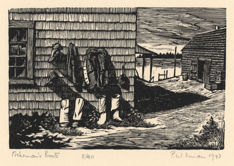 Pauline Inman's “Fisherman’s Boots,” 1943, wood engraving, edition eight of 40. COURTESY TIDES INSTITUTE AND MUSEUM OF ART, EASTPORT