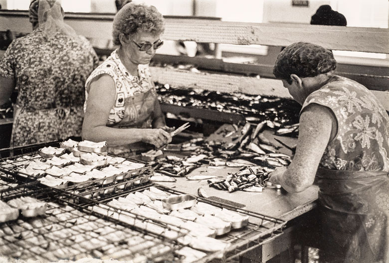 Minna Page, a cannery worker, inside Stinson's Cannery in Belfast in 1990. PHOTO: PEGGY MCKENNA COLLECTION/PENOBSCOT MARINE MUSEUM