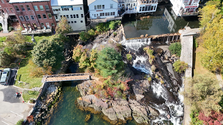 An aerial view of Camden’s waterfront shows Montgomery Dam. PHOTO: TODD ANDERSON